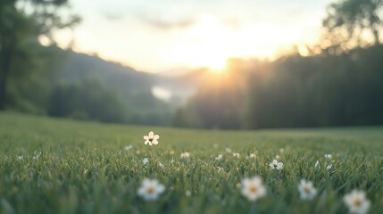 Sunrise over Green Grassy Knoll with Lone White Wildflower and Blue Haze