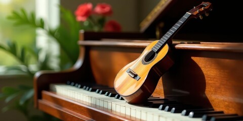 A miniature acoustic guitar rests gently upon the polished keys of a grand piano, bathed in soft sunlight, creating a serene musical scene.