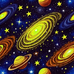 Fototapeta premium Seamless Dark night sky with bright stars and a blue planet in deep space, a cosmic illustration