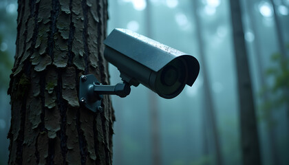 A security camera mounted on the side of a tree in a forest.