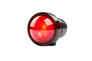 Close up of a shiny red light fixture with a dark brown casing against a black background