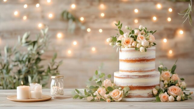 Elegant layered cake with floral decorations in a rustic bakery setting Generative AI