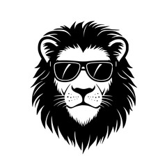Fototapeta premium Cool Lion Head Wearing Sunglasses Illustration, Stylized lion head in black and white, featuring sunglasses for a modern, confident, and trendy visual perfect for logos or apparel.