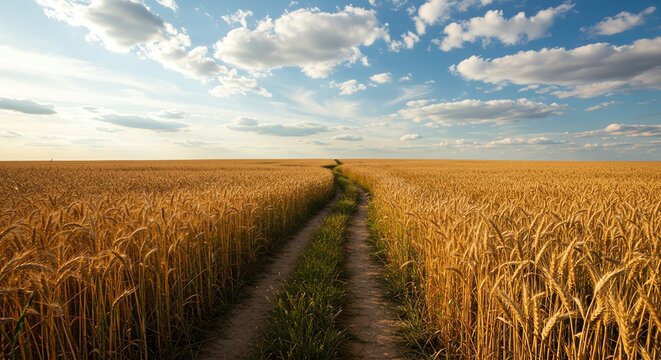 Golden wheat field with path under sky