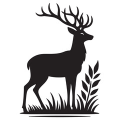 Deer black Silhouette vector art Illustration with white background, animal Silhouette.