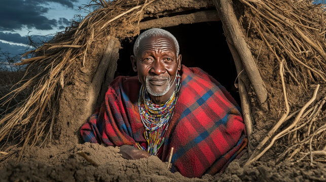 A Glimpse into Heritage: An elder of an African tribe, adorned in traditional garments and jewelry, gazes thoughtfully from the entrance of a rustic dwelling, a symbol of cultural richness.