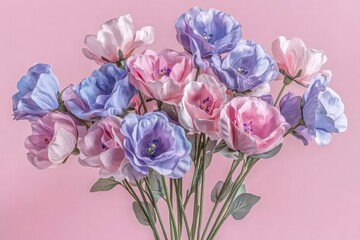 Obraz premium A bouquet of pastel colored blossoms against a soft pink backdrop.