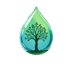 The image features a stylized illustration of a water droplet containing a silhouette of a tree. The droplet is presented in a gradient of blue and green shades, while the tree is depicted in black wi