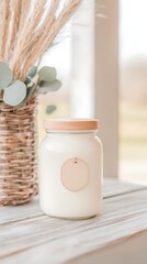 White Jar Candle with Wooden Lid and Dried Flowers