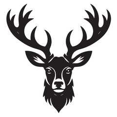 Naklejka premium Black and white illustration, deer head silhouette, majestic antlers, minimalist design, elegant profile, stylized wildlife art, sharp contrast, vector graphic style, iconic logo design.