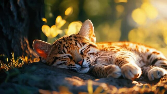 Sleeping Ocelot Kitten: A charming ocelot kitten rests peacefully beneath the shade of a tree, its spotted fur blending seamlessly with the dappled sunlight filtering through the leaves.  