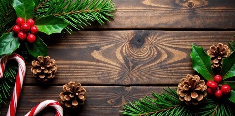 Christmas themed rustic wood plank with pine, cones, holly, candy canes , wooden, celebration, white
