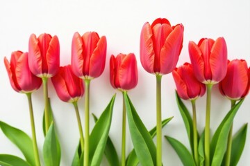 Obraz premium Close up, red tulip buds, creative frame, natural white backdrop , design, spring flowers