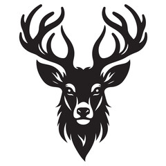 Black and white illustration, deer head silhouette, majestic antlers, minimalist design, elegant profile, stylized wildlife art, sharp contrast, vector graphic style, iconic logo design.
