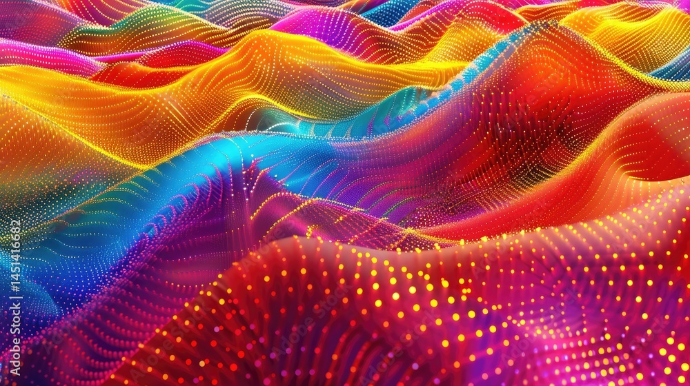 Poster explore this vibrant abstract image showcasing colorful waves adorned with dots and lines, creating 