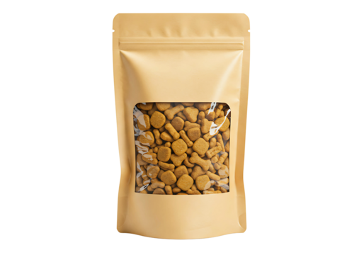 Brown kraft paper pouch bag filled with granules isolated on transparent background