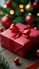 Elegant satin ribbon tied on a beautifully wrapped Christmas present , craft, glossy, luxury