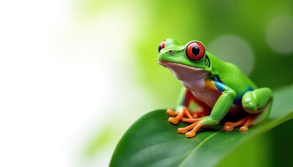 Naklejka premium Green tree frog perched on white, vibrant colors, skin, branch, detail