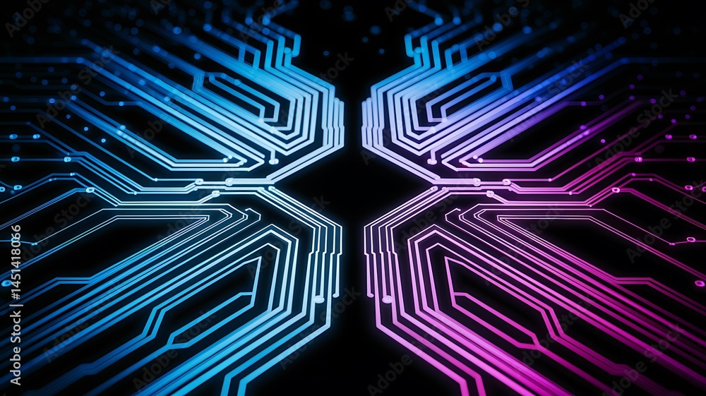 Poster neon glowing circuit paths on a dark background, representing futuristic technology, digital network