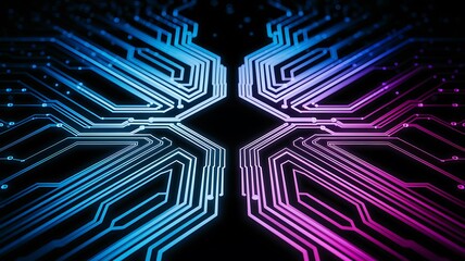 Neon glowing circuit paths on a dark background, representing futuristic technology, digital networks, innovation, electronic systems, and modern data communication flow.