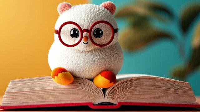 Smarty Bear Reads: A charming stuffed bear, adorned with spectacles, delves into the pages of an open book, fostering a sense of whimsy and the joy of reading.