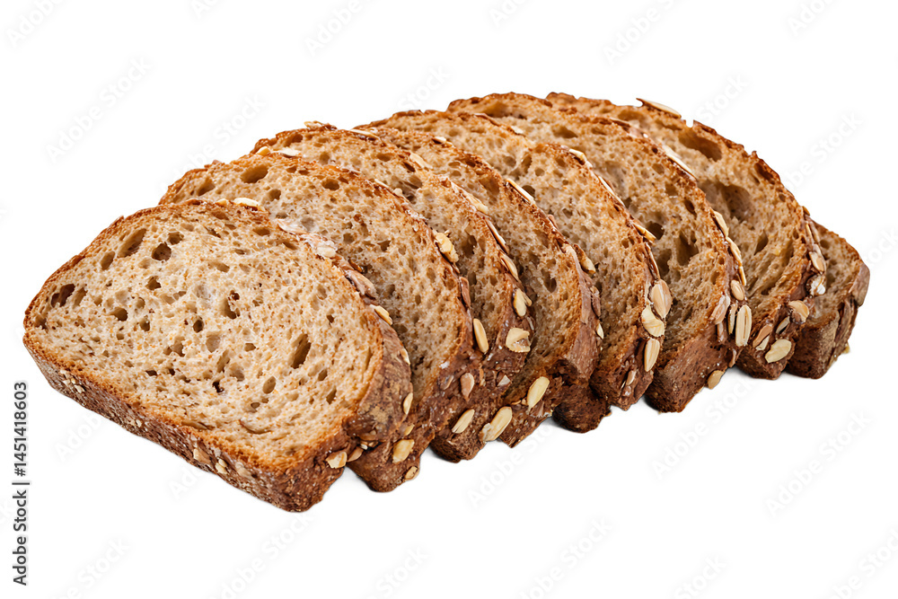 Poster a row of sliced whole wheat bread with seeds on a black background in a studio setting view