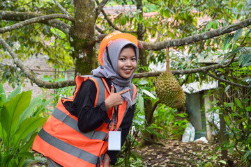 Young Asian woman farmer checking industrial scale durian plantation © Ayudia