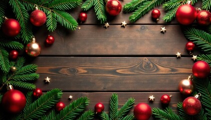 Overhead shot of rustic wood table, decorated with festive ornaments , mockup, celebration