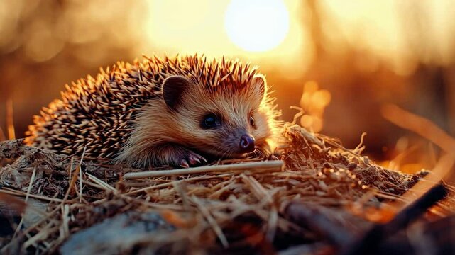 Golden Hour Hedgehog: A captivating shot of a hedgehog bathed in the warm embrace of golden hour light, nestled amidst autumn leaves. Capturing a serene, natural moment.
