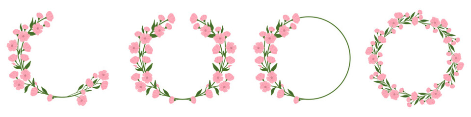 Set of flower and leaf frames. Floral round frame. Hand drawn simple botanical round frame, laurel, wreath with flowers. Elegant vector illustration for wedding invitation, card, logo.