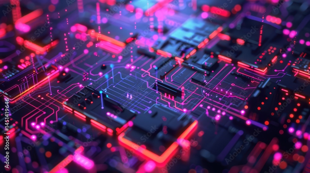 Poster a vibrant abstract graphic design showcasing embedded computing technology with neon lines and patte