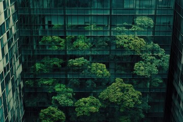Lush greenery fills a courtyard between modern glass skyscrapers. Trees and foliage thrive amidst the urban structure