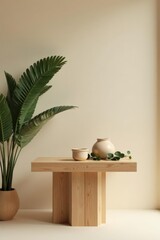 Fototapeta premium Serene Minimalist Interior Design with Wooden Table, Neutral Color Palette, and Lush Greenery