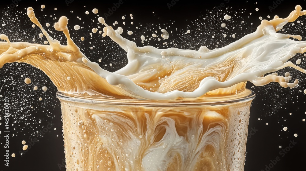 Poster captivating shot of a refreshing drink with milk splash against a dark background.