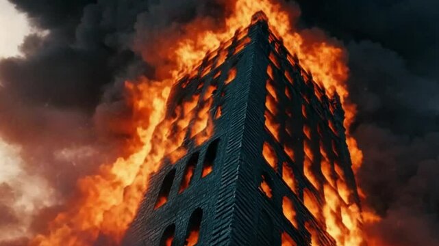 Towering building engulfed in flames, smoke billowing against a dramatic sky, urban chaos