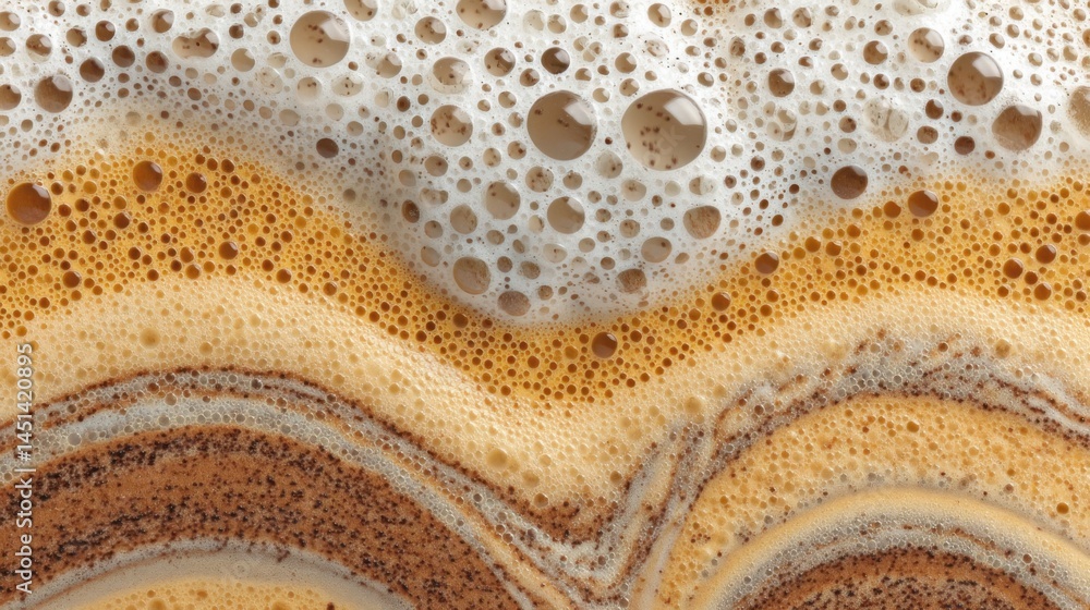 Poster Close up shot of frothy coffee with swirling patterns and bubbles