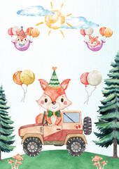 Fototapeta premium Cute Woodland Fox Family in Sunny Forest, Whimsical Watercolor Animal Nursery Art for Kids and Baby Room Decor