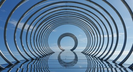 Fototapeta premium Circular Metal Structure Against Blue Sky Reflection