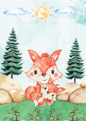 Cute Woodland Fox Family in Sunny Forest, Whimsical Watercolor Animal Nursery Art for Kids and Baby Room Decor