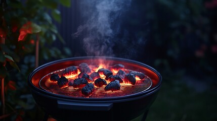Hot coals in a charcoal grill at night