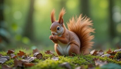 Fototapeta premium Alert Red Squirrel in the Forest