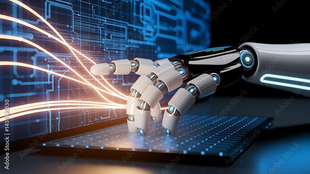 Poster a robot hand interacting with a digital interface and glowing lines represents advanced robotics, ai