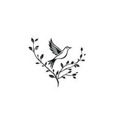 Elegant Bird in Flight Vector | Minimalist Black and White Design with Branch and Leaves for Logos, Illustrations, and Decorative Art