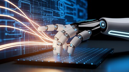 A robot hand interacting with a digital interface and glowing lines represents advanced robotics, AI technology, automation, futuristic design, and human-machine interaction.