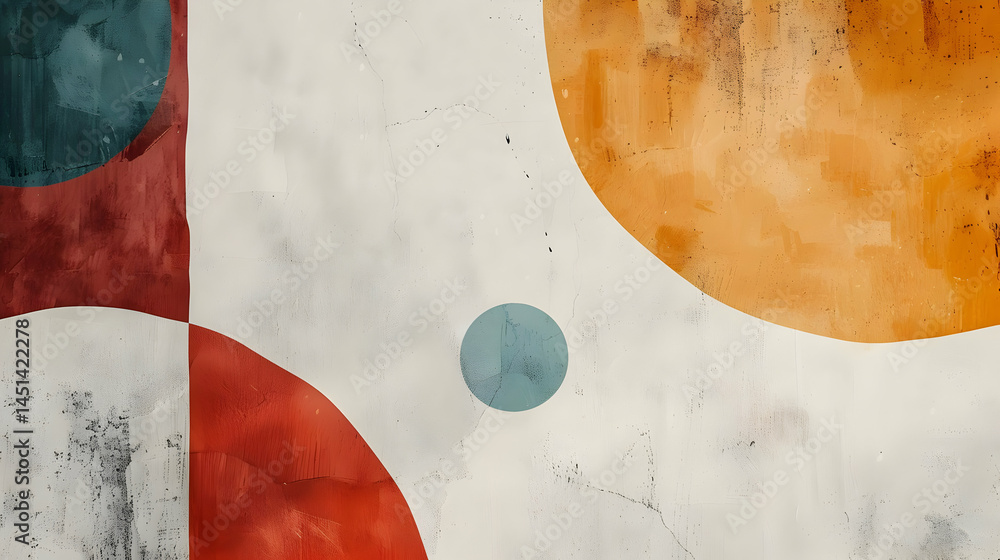 Poster abstract design with circles and muted colors on a textured surface.