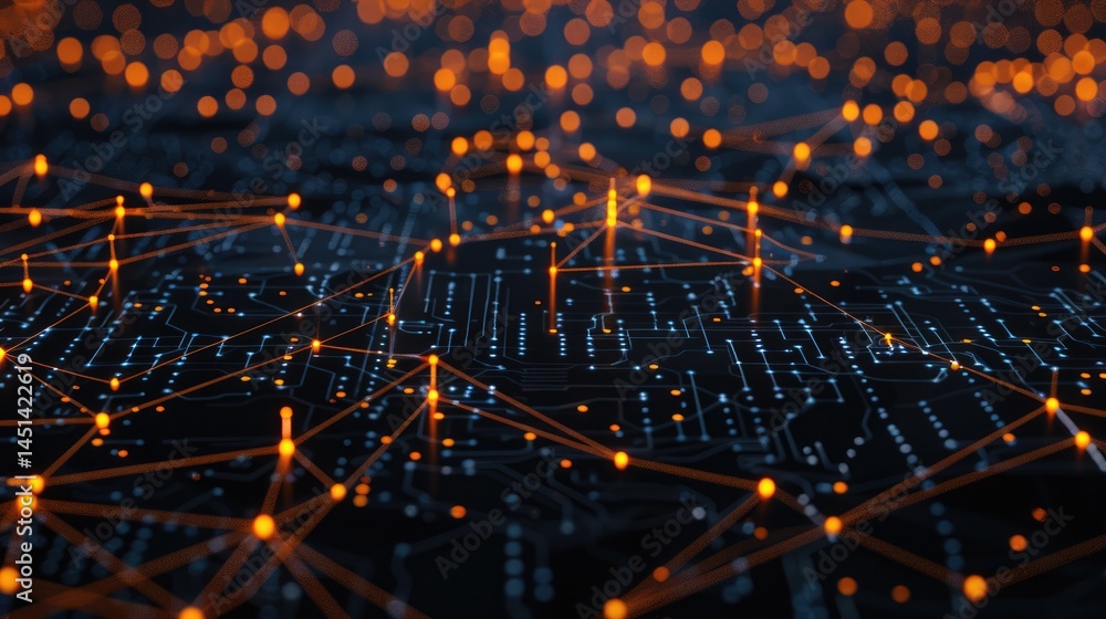 Poster a stunning visualization of a wireless mesh network concept, showcasing interconnected devices and d