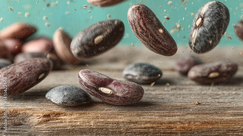 Aufkleber close-up of colorful beans falling onto a rustic wooden surface with motion blur.