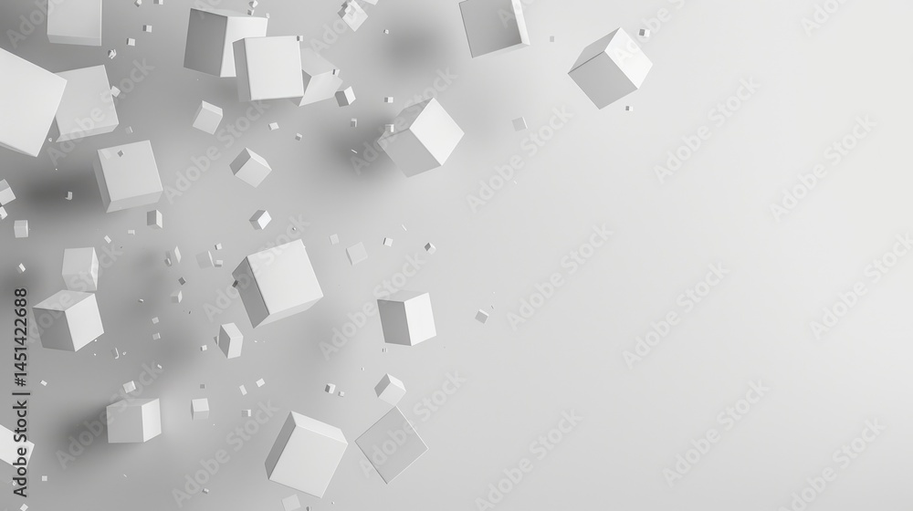 Poster this image features an array of white boxes in various sizes seemingly falling from above against a 