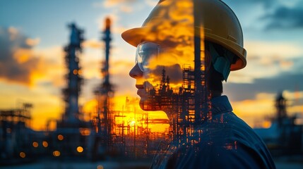 Industrial worker profile against sunset refinery backdrop.