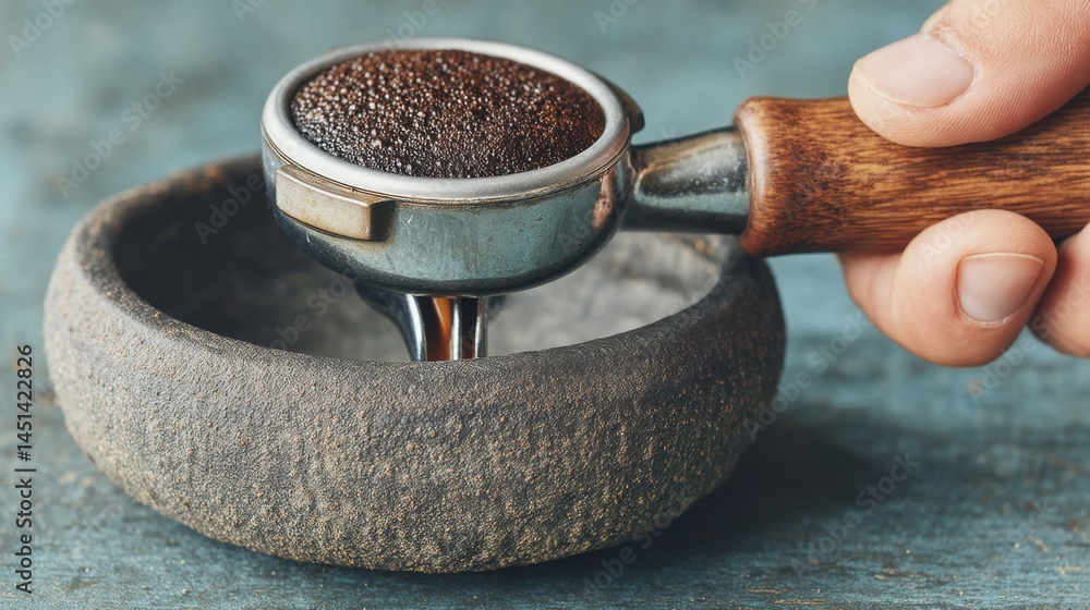 Poster close-up of espresso being brewed into a rustic stone bowl, coffee making.